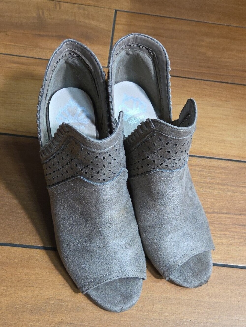 Fergalicious Taupe Suede Perforated Cutout Block Heel Mules - Picture 3 of 7